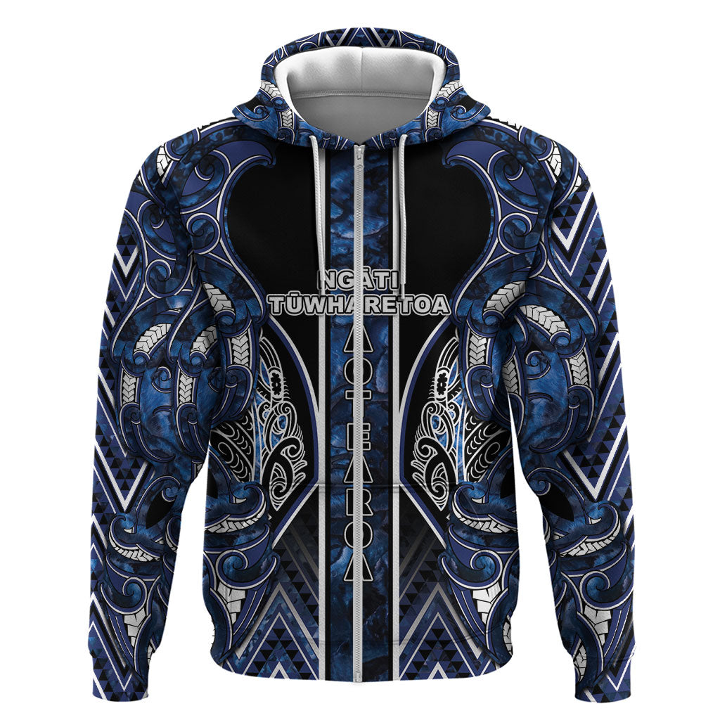 Aotearoa Tuwharetoa Zip Hoodie Maori Tribal Navy Paua Shell Pattern DT05 Zip Hoodie Navy - Polynesian Pride