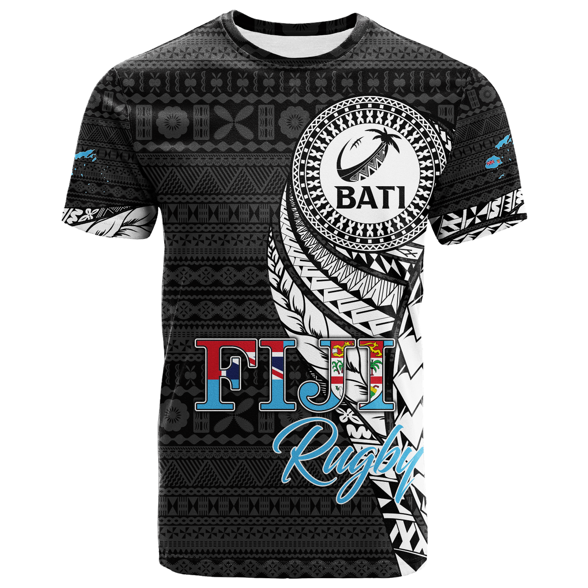 Fiji Rugby Bati Tapa Pattern T Shirt LT2 BLACK - Polynesian Pride