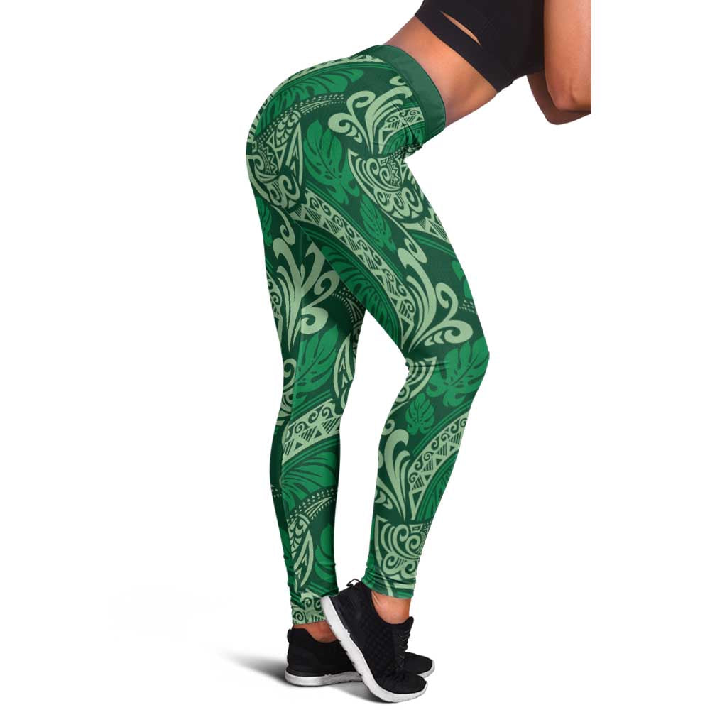 Forest Green Monstera Leggings Polynesian Tribal Pattern LT01 - Polynesian Pride
