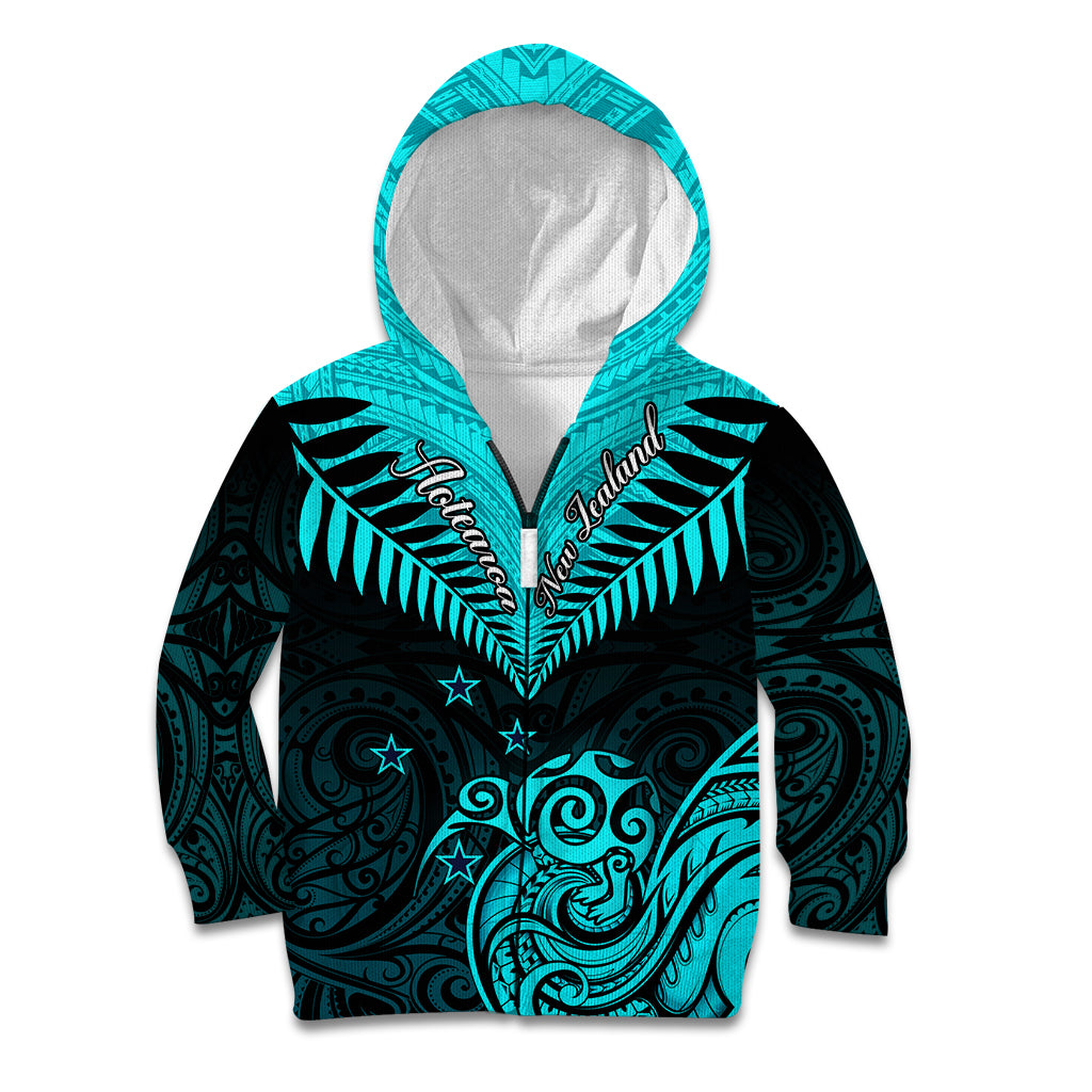 Personalised Aotearoa Kid Hoodie Maori Kiwi Turquoise Fern LT01 Zip Hoodie Turquoise - Polynesian Pride