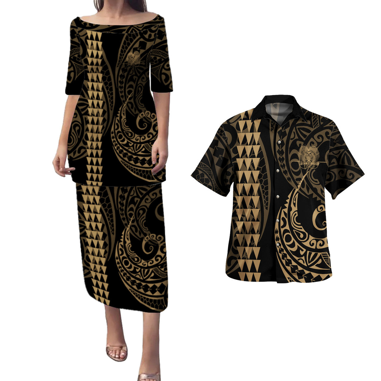 Papua New Guinea Couples Matching Puletasi and Hawaiian Shirt Kakau Style Gold Gold - Polynesian Pride