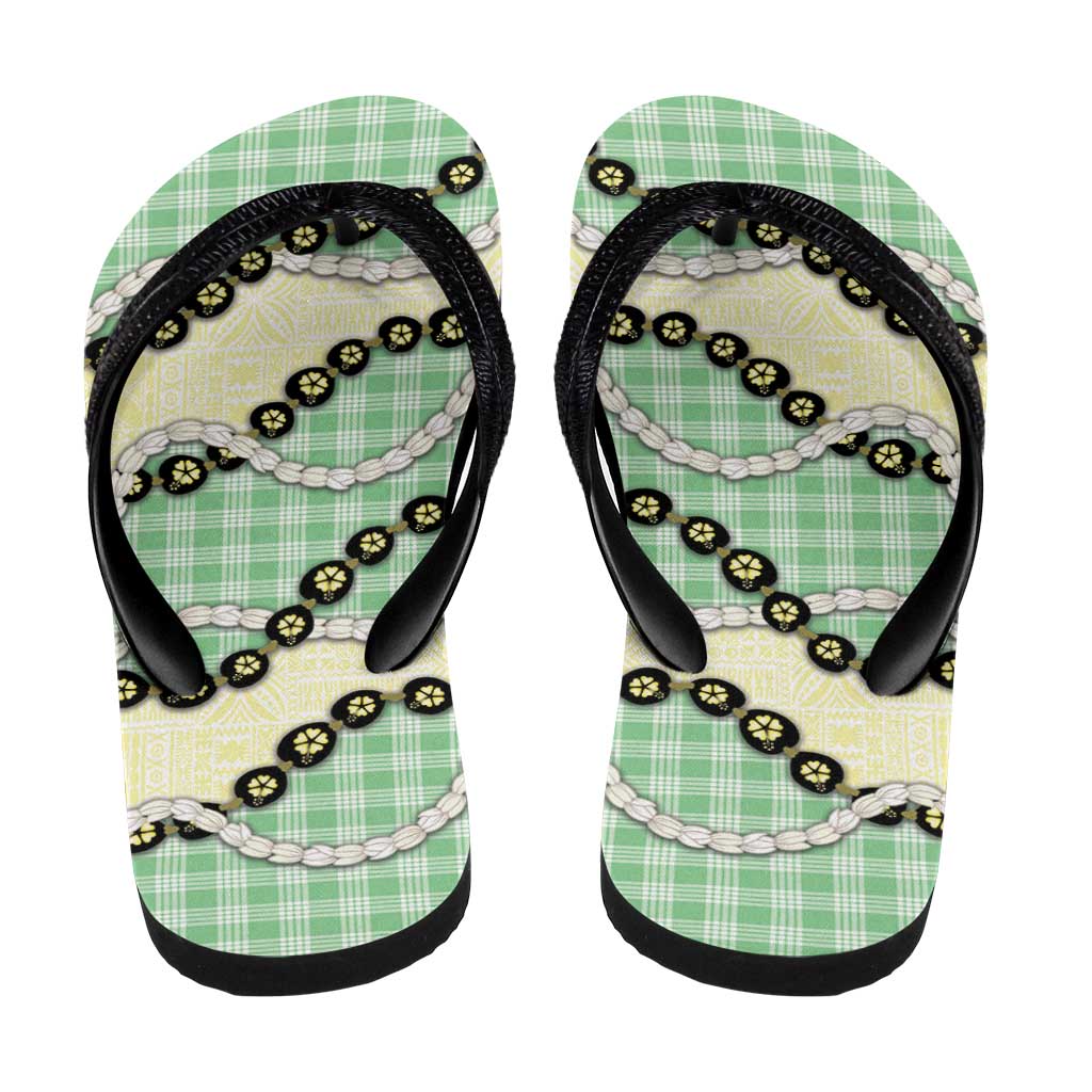Green Palaka Hawaii Flip Flops Kukui Nut Pikake Lei Hawaiian Tapa Pattern LT14 - Polynesian Pride