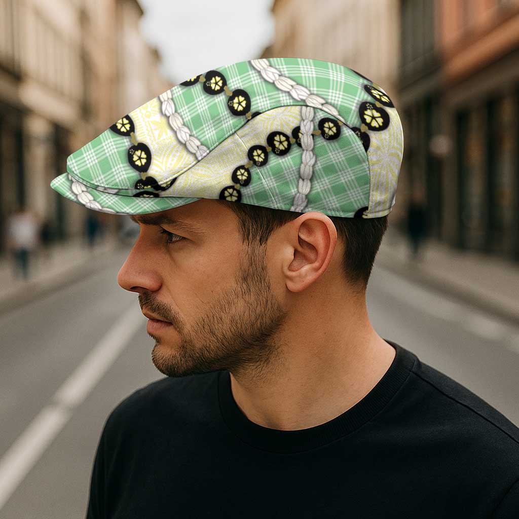 Green Palaka Hawaii Jeff Hat Kukui Nut Pikake Lei Hawaiian Tapa Pattern LT14 - Polynesian Pride