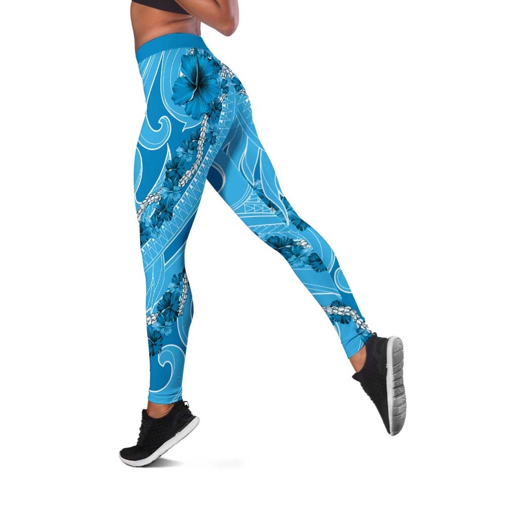 Hawaii Blue Hibiscus Pikake Lei Leggings LT05 Blue - Polynesian Pride