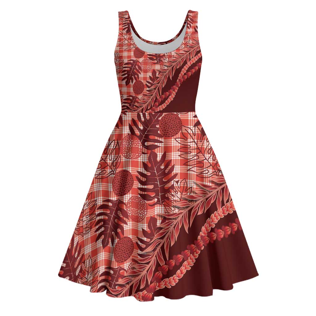 Hawaii Breadfruit Palaka Midi Dress Ulaula Maile Lei LT9 Red - Polynesian Pride