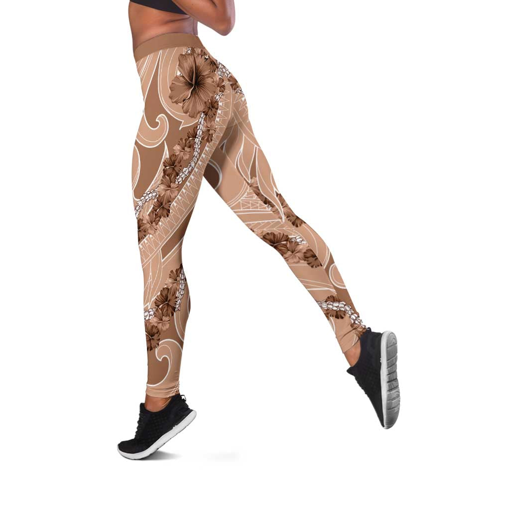 Hawaii Brown Hibiscus Pikake Lei Leggings LT05 Brown - Polynesian Pride