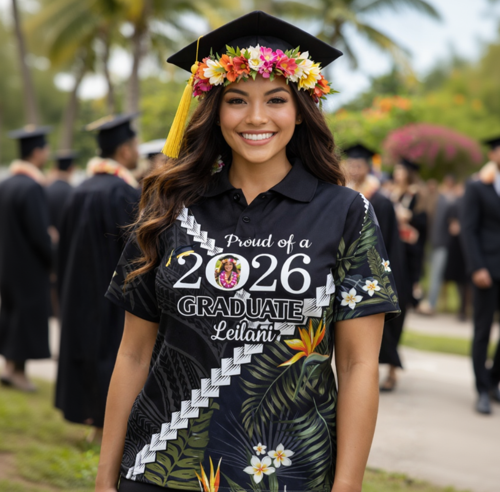 Custom Photo Polynesia Graduation Polo Shirt Proud Polynesian Tropical Flowers CTM14 - Polynesian Pride