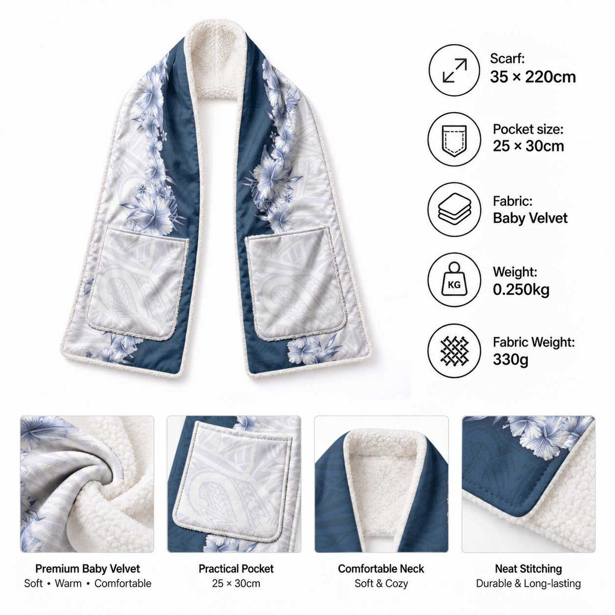Hawaii Hibiscus Flowers Pocket Scarf Blue Polynesian Pattern LT05 - Polynesian Pride