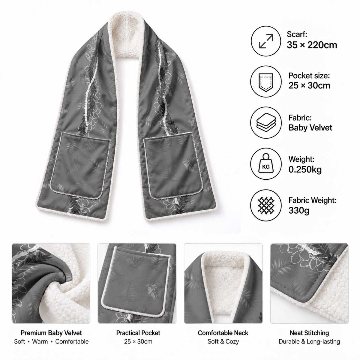 Hawaii Maile Lei Pocket Scarf With Gray Monstera Pattern LT05 - Polynesian Pride