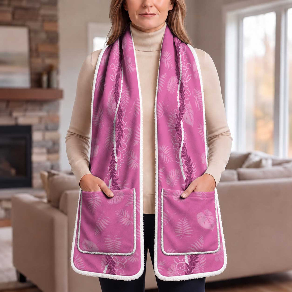 Hawaii Maile Lei Pocket Scarf With Pink Monstera Pattern LT05 One Size 13.7 × 86.6 in (35 × 220 cm) Pink - Polynesian Pride