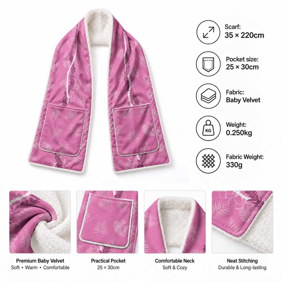 Hawaii Maile Lei Pocket Scarf With Pink Monstera Pattern LT05 - Polynesian Pride