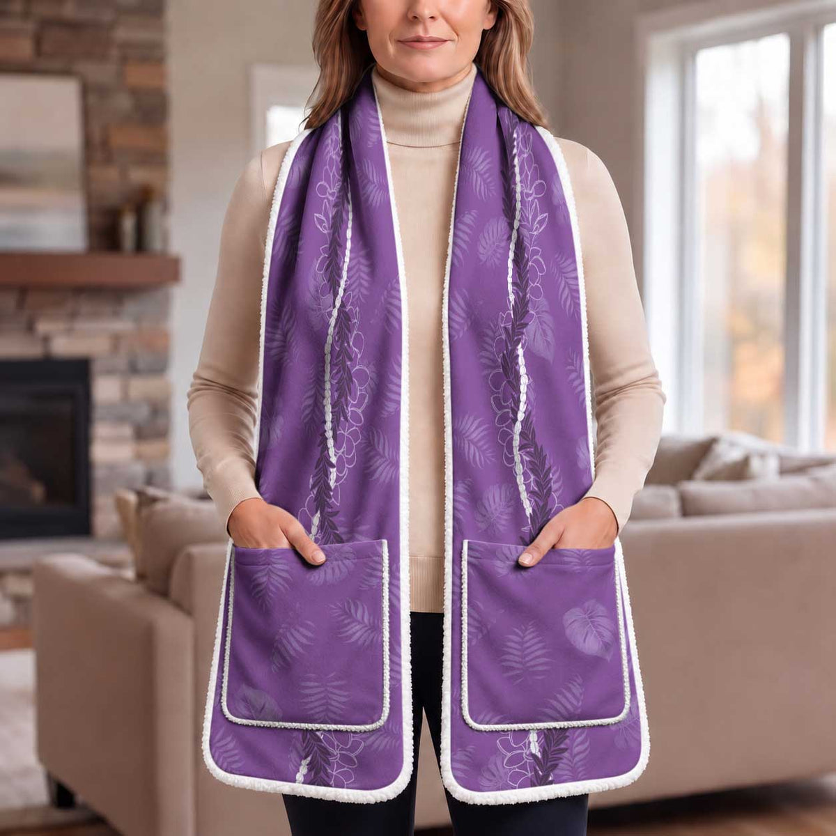 Hawaii Maile Lei Pocket Scarf With Violet Monstera Pattern LT05 One Size 13.7 × 86.6 in (35 × 220 cm) Violet - Polynesian Pride