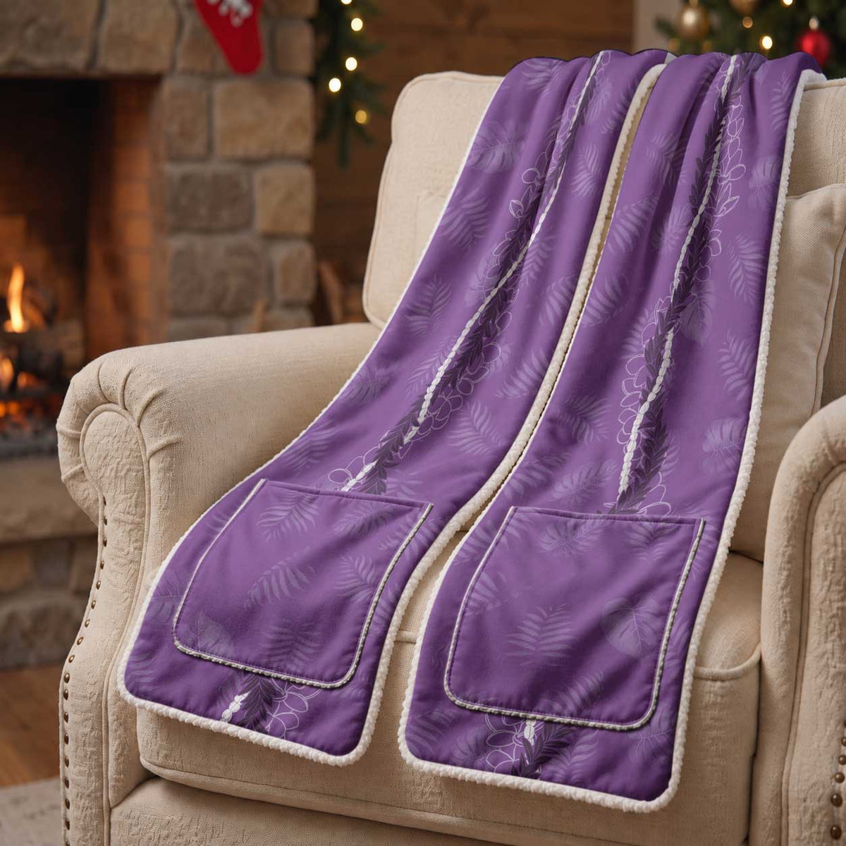 Hawaii Maile Lei Pocket Scarf With Violet Monstera Pattern LT05 - Polynesian Pride