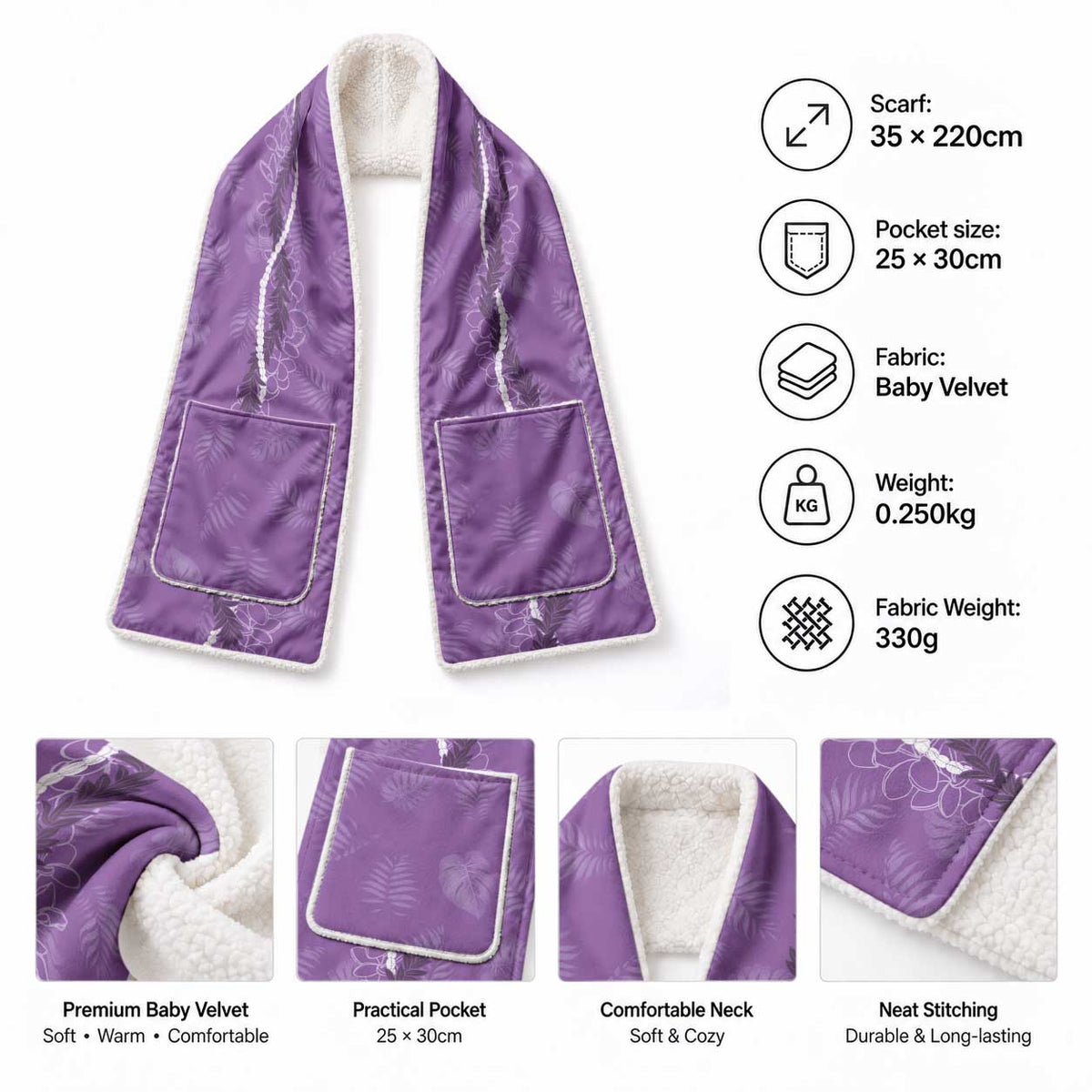 Hawaii Maile Lei Pocket Scarf With Violet Monstera Pattern LT05 - Polynesian Pride