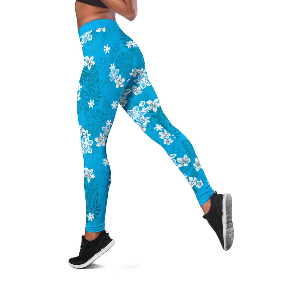 Hawaii Monstera Deliciosa Leggings Blue Plumeria Polynesian Pattern LT05 Blue - Polynesian Pride