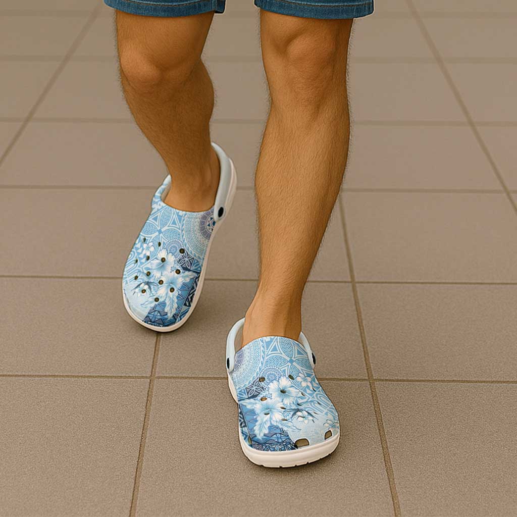 Hawaii Tapa Pattern With Blue Hibiscus Clogs Shoes LT05 - Polynesian Pride