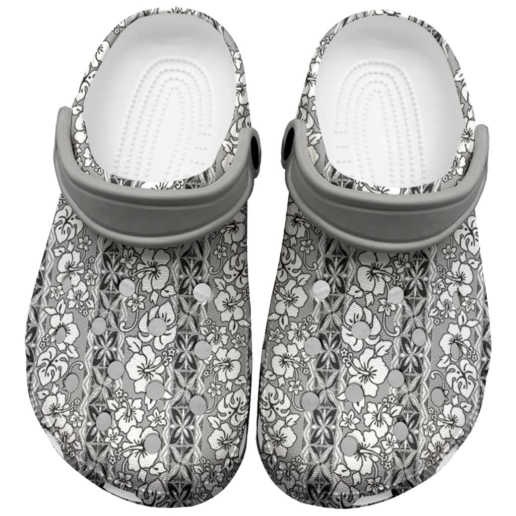 Hawaii Vintage Gray Hibiscus Tapa Pattern Clogs Shoes LT05 Gray - Polynesian Pride