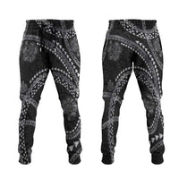 Hawaiian Kakau Art and Hisbiscus Tattoo Jogger Pants Tribal Pattern-Silver Style LT03 Black - Polynesian Pride