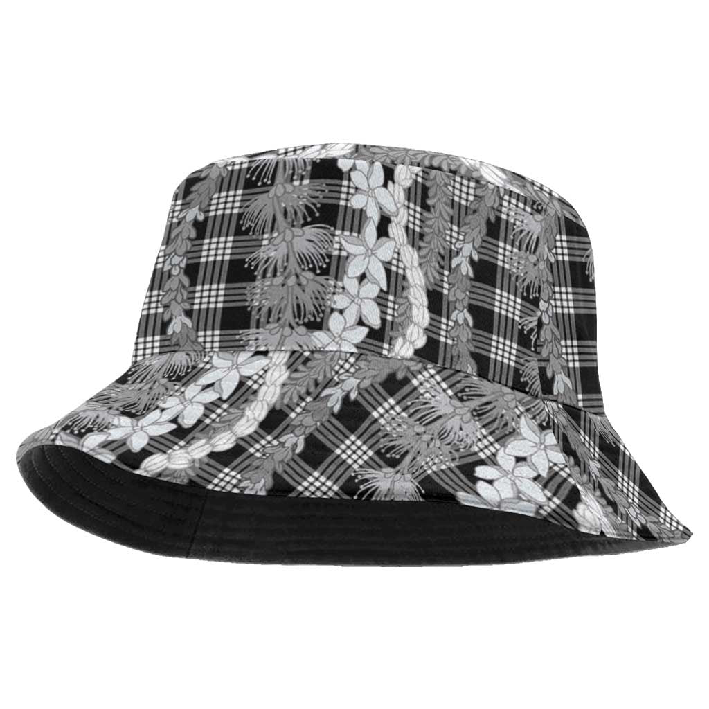 Hawaiian Ohia Lehua Lei Bucket Hat Plaid Palaka Eleele Pattern LT9 One Size Black - Polynesian Pride