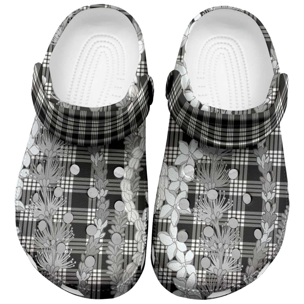 Hawaiian Ohia Lehua Lei Clogs Shoes Plaid Palaka Eleele Pattern LT9 Black - Polynesian Pride