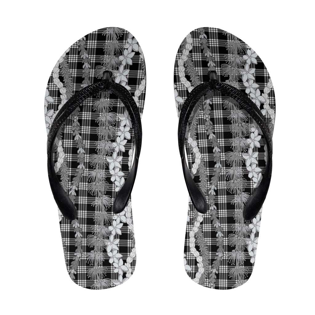 Hawaiian Ohia Lehua Lei Flip Flops Plaid Palaka Eleele Pattern LT9 Black - Polynesian Pride