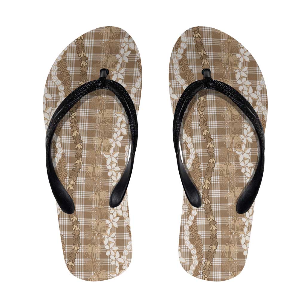Hawaiian Ohia Lehua Lei Flip Flops Plaid Palaka Kalaihaahaa Pattern LT9 Tan - Polynesian Pride