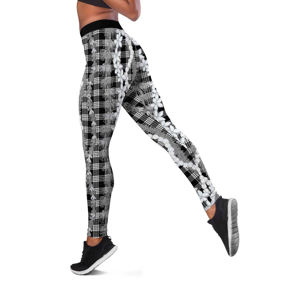 Hawaiian Ohia Lehua Lei Leggings Plaid Palaka Eleele Pattern LT9 Black - Polynesian Pride