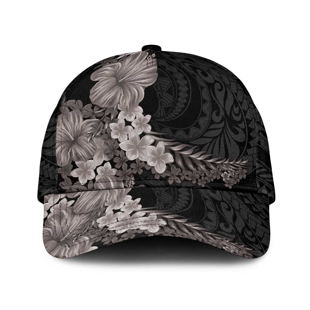 Hawaiian Plumeria and Hibiscus Classic Cap Grayscale Mode LT03 Universal Fit Black - Polynesian Pride