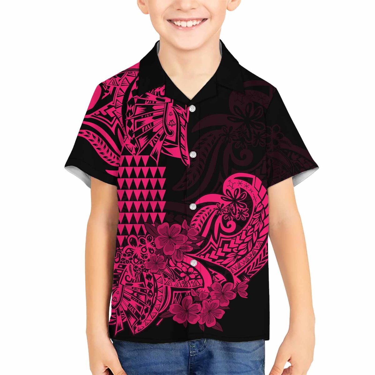 Hawaii Kakau Polynesian Floral Tribal Kid Hawaiian Shirt LT9 - Polynesian Pride