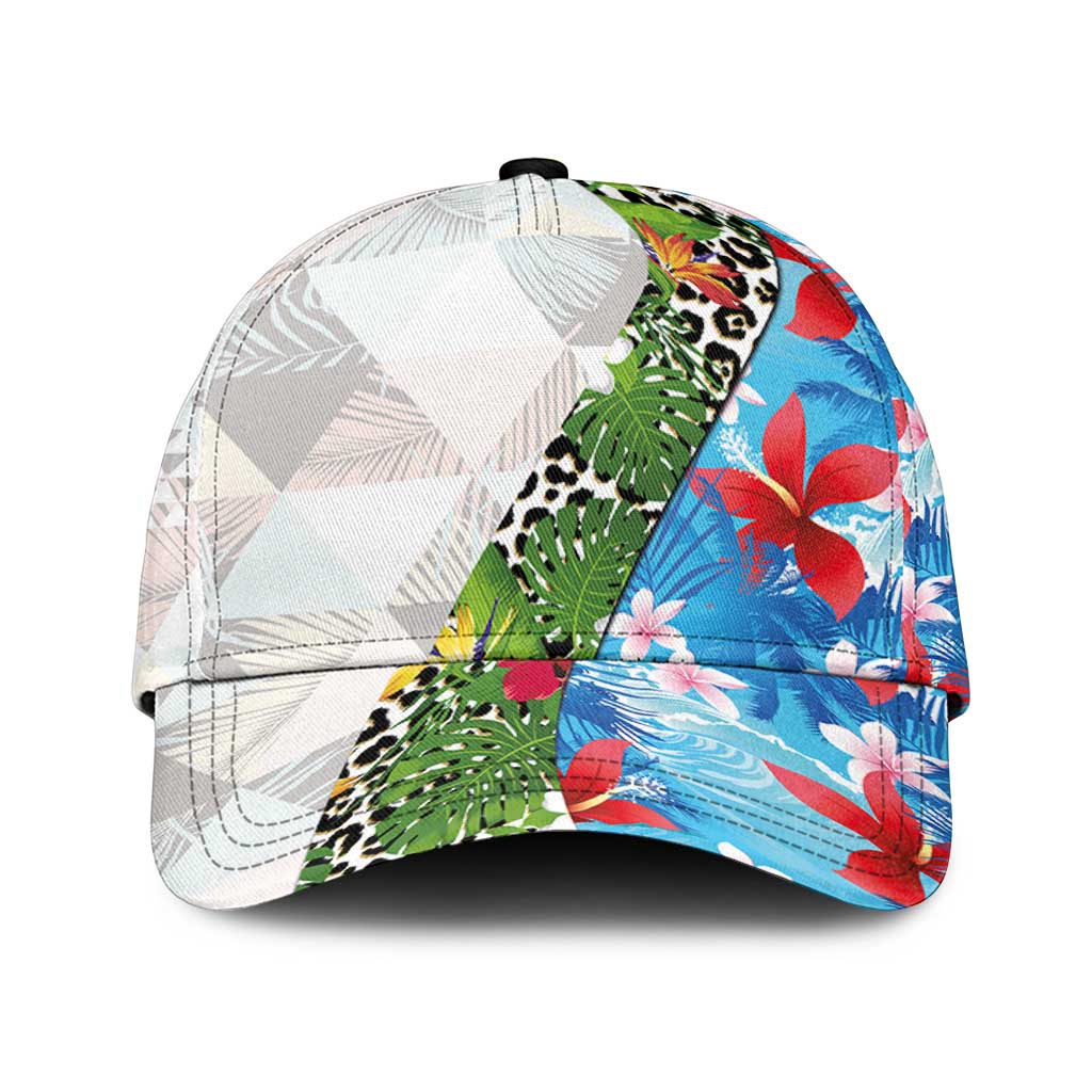 Hawaiian Tropical Flowers and Leaves Classic Cap Leopard Pattern Half White Blue Version LT03 Universal Fit White - Polynesian Pride
