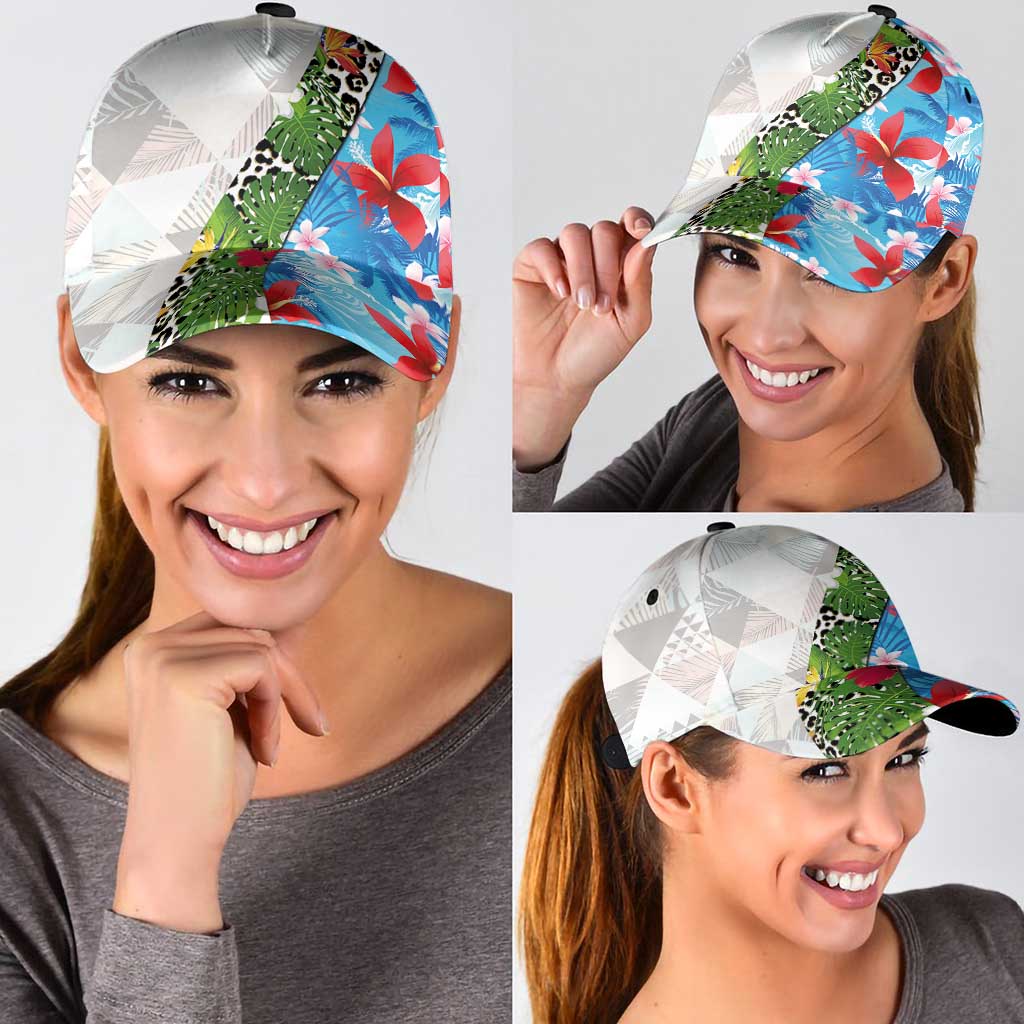 Hawaiian Tropical Flowers and Leaves Classic Cap Leopard Pattern Half White Blue Version LT03 - Polynesian Pride