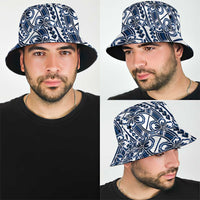 Hibiscus Bloom Island Tribal Waves Bucket Hat Blue Polynesian Pattern