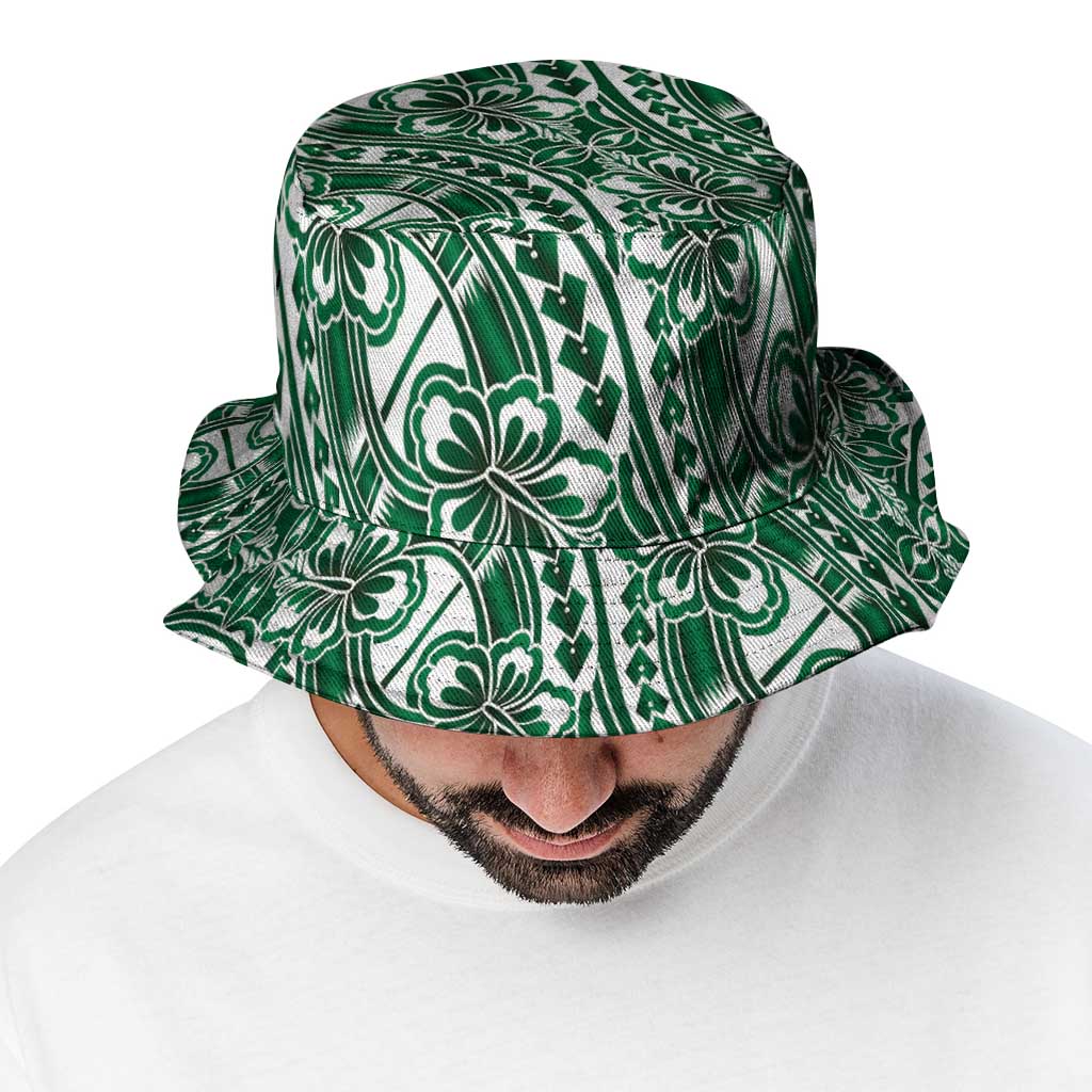 Hibiscus Bloom Island Tribal Waves Bucket Hat Green Polynesian Pattern