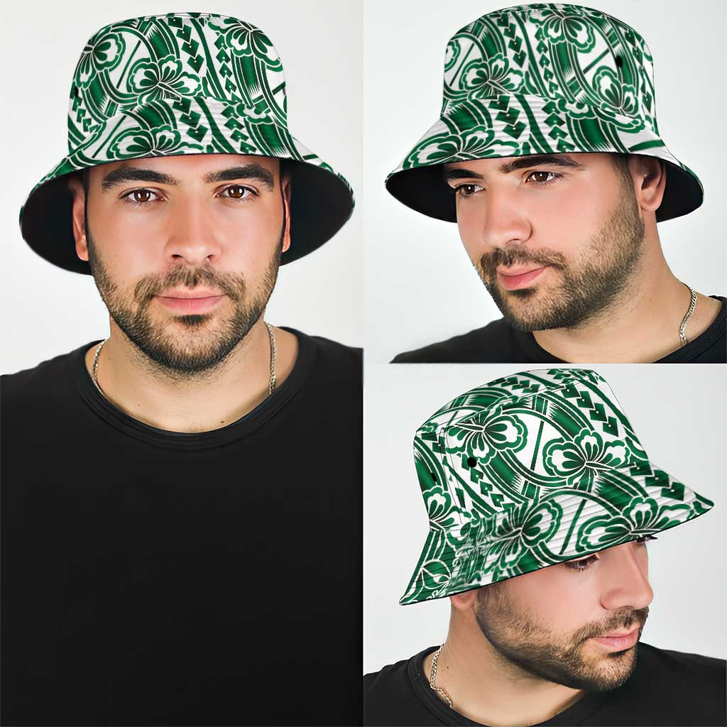 Hibiscus Bloom Island Tribal Waves Bucket Hat Green Polynesian Pattern