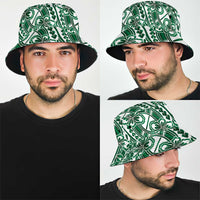 Hibiscus Bloom Island Tribal Waves Bucket Hat Green Polynesian Pattern