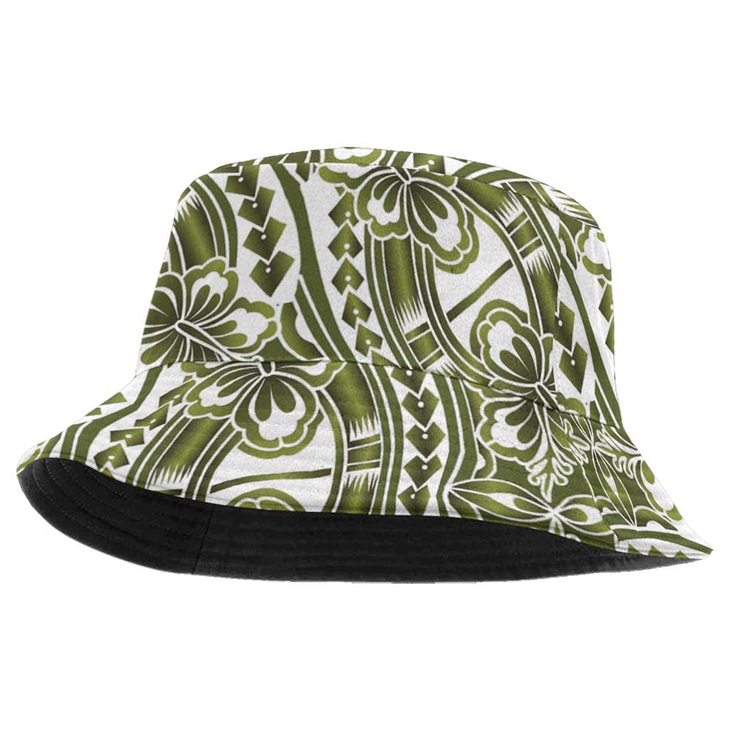 Hibiscus Bloom Island Tribal Waves Bucket Hat Olive Green Polynesian Pattern