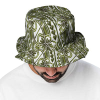 Hibiscus Bloom Island Tribal Waves Bucket Hat Olive Green Polynesian Pattern
