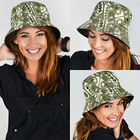Hibiscus Bloom Island Tribal Waves Bucket Hat Olive Green Polynesian Pattern