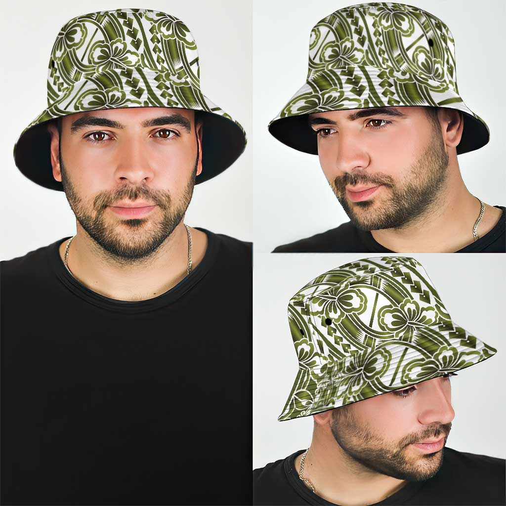 Hibiscus Bloom Island Tribal Waves Bucket Hat Olive Green Polynesian Pattern