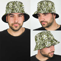 Hibiscus Bloom Island Tribal Waves Bucket Hat Olive Green Polynesian Pattern