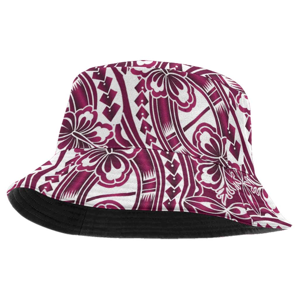 Hibiscus Bloom Island Tribal Waves Bucket Hat Pink Polynesian Pattern