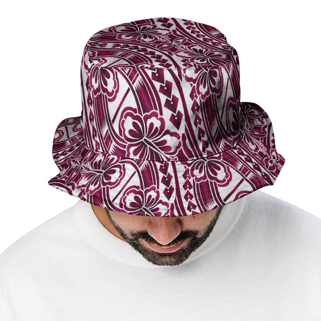Hibiscus Bloom Island Tribal Waves Bucket Hat Pink Polynesian Pattern