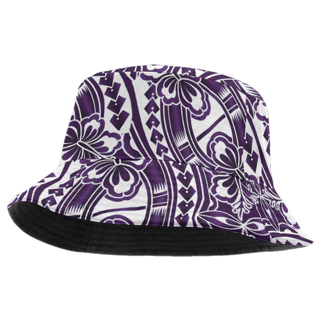 Hibiscus Bloom Island Tribal Waves Bucket Hat Purple Polynesian Pattern