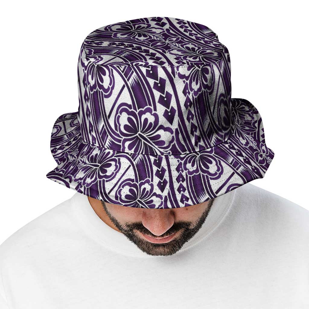 Hibiscus Bloom Island Tribal Waves Bucket Hat Purple Polynesian Pattern