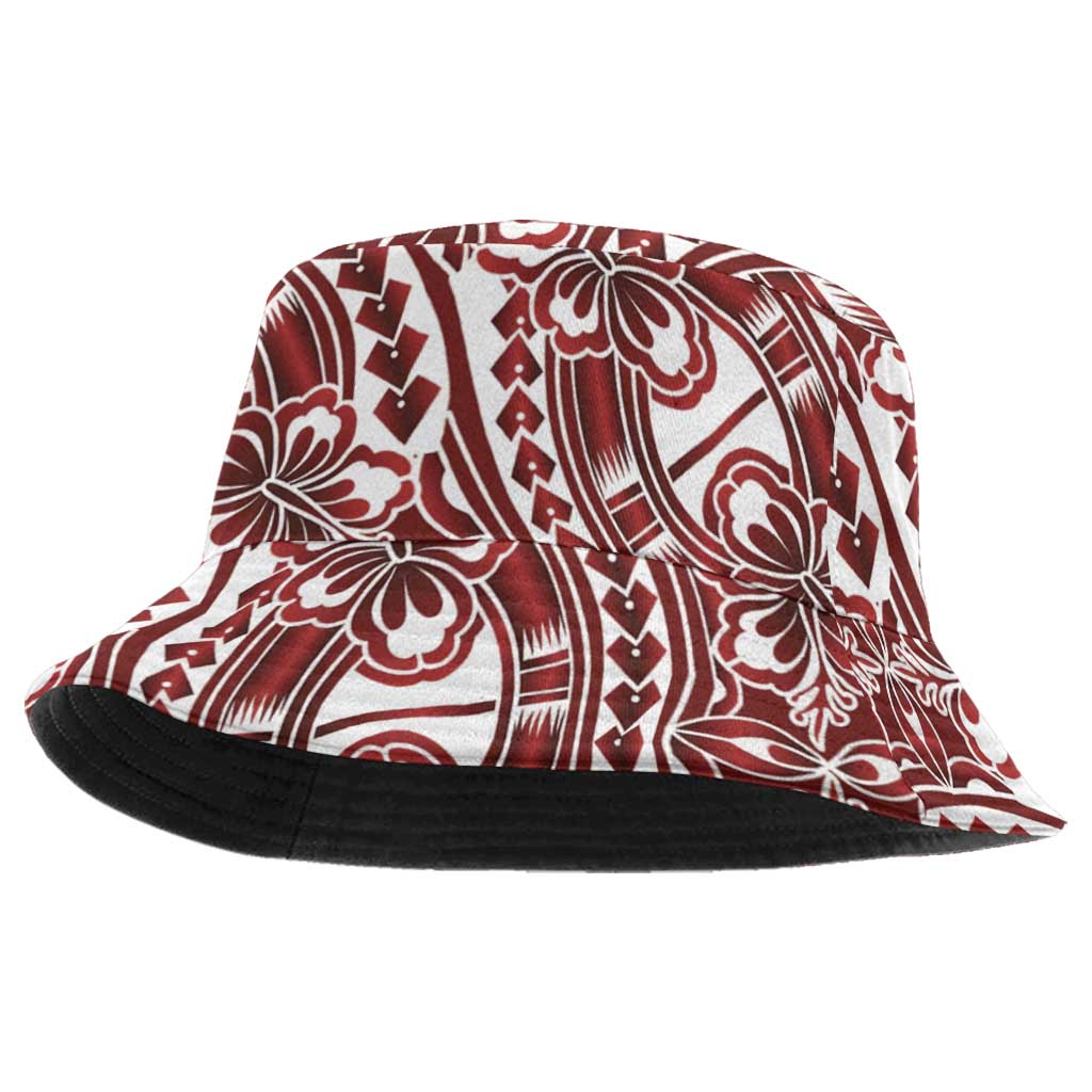 Hibiscus Bloom Island Tribal Waves Bucket Hat Red Polynesian Pattern