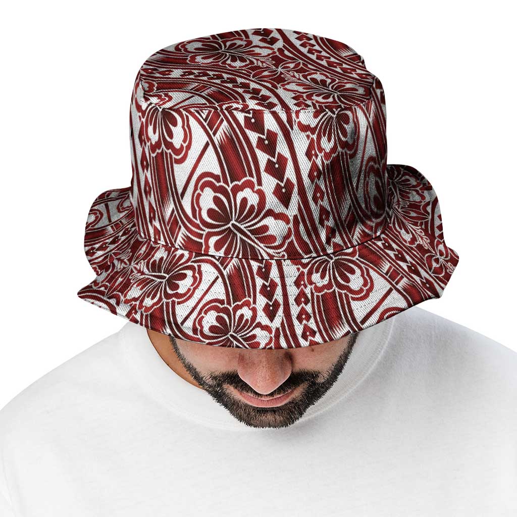 Hibiscus Bloom Island Tribal Waves Bucket Hat Red Polynesian Pattern