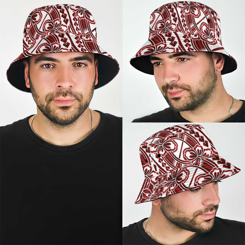 Hibiscus Bloom Island Tribal Waves Bucket Hat Red Polynesian Pattern