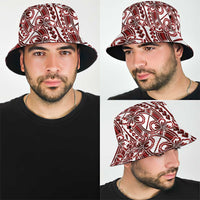 Hibiscus Bloom Island Tribal Waves Bucket Hat Red Polynesian Pattern
