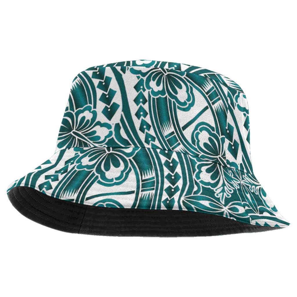 Hibiscus Bloom Island Tribal Waves Bucket Hat Teal Polynesian Pattern