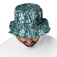 Hibiscus Bloom Island Tribal Waves Bucket Hat Teal Polynesian Pattern